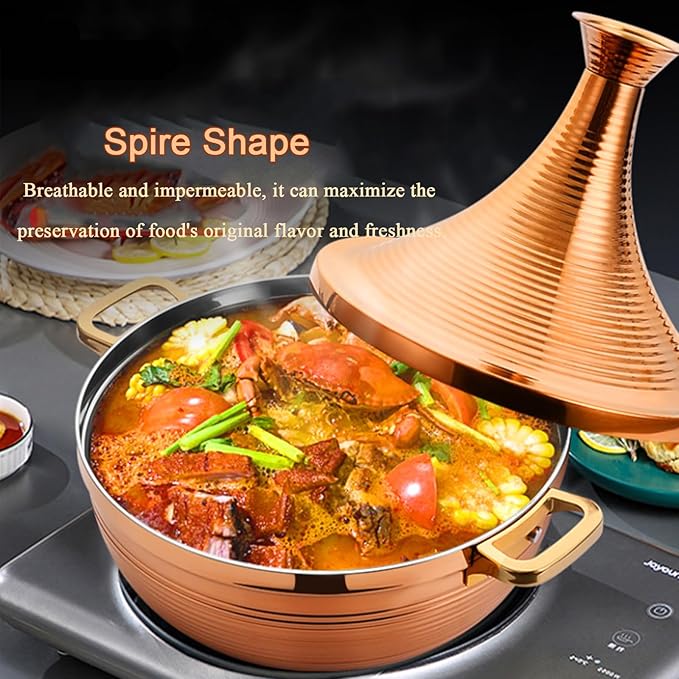Stainless Steel Moroccan Tagine Pot, Large Moroccan Tajine Casserole with Cone-Shaped Lid, Non Stick Tagine Cooking Pot with 2 Handles(28cm/11in, Gold)