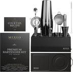 Mixology Bartender Kit - 15Pcs Bar Set Cocktail Shaker Set w Black Bar Cart Accessories Stand - Shakers Bartending Gun Metal Black Tools, 24oz Shaker, 17 Recipe Cards, Martini Barware