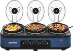 Sunvivi Triple Slow Cooker Buffet Servers and Warmer, Large 3 Pot Food Small Mini Manual Slow Cooker with Adjustable Temp Stainless Steel Lid Rests,Removable Ceramic Pot, 3 * 2.5 Quarts, Blue