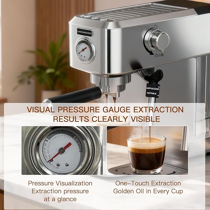 Espresso Machine 20 Bar, Compact Stainless Steel Coffee Maker with Steam Milk Frother & Removable Tank for Cappuccino, Latte - Silver