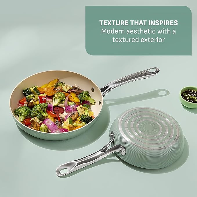 T-Fal Inspire Ceramic Frying Pans Nonstick 10.5 Inch Skillet with Lid, Oven Safe to 500°F, Cookware Stainless Steel Handle, Mint Green