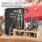 Black Cocktail Shaker Set, Premium 18/8 Stainless Steel Mixology Bartender Kit with Stylish Bamboo Stand 10-Piece Bar Tools & Accessories for Home Bar for Men, Dad, Husband