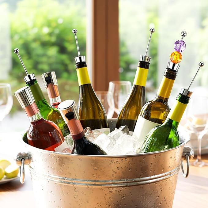 5 Packs Metal Bottle Stopper Kit, Reusable Wine Saver Corks, Stainless Steel Wine Bottle Stopper, Beadable Bottles Cap, Decorative Corkscrew for Wedding Party Bar