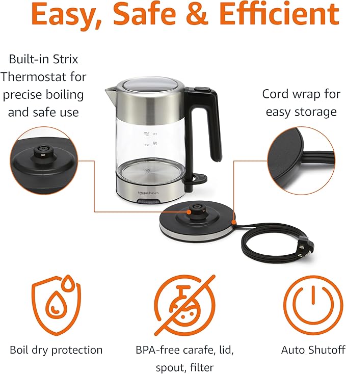 Amazon Basics Electric Kettle with Glass Carafe for Tea and Coffee, BPA-Free, Fast Boiling, Auto Shut-Off, Boil-Dry Protection, Water Level Indicator, 1.7 Liter, 1500W, Black and Silver