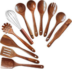 Wooden Spoons for Cooking 11 Pieces Set, High Quality Wooden Kitchen Utensil Set, Wooden Utensil Set, With Strainer Spoon, Pasta server, Fried Spatula and Salad Fork, Egg Beater, Butter Spreader