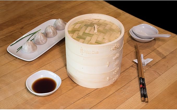 Helen's Asian Kitchen Bamboo Dim Sum Food Steamer With Lid, 4 Inch, 1 Tier Basket For Dumplings, Bao, And Small Bites
