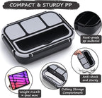 QQKO Bento Box for Kids Adults, School Toddler Lunch Box for Boys Girls, Lunch Box Containers with 4 Compartments, Sauce Container, Utensils, Food Picks and Muffin Cups for School, Black Gray
