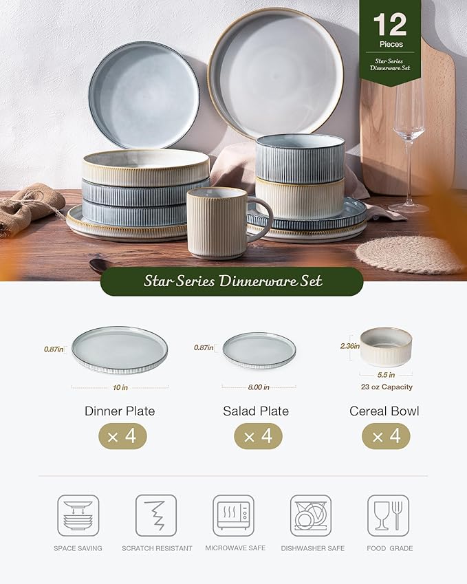 Famiware Star 12-Piece Stoneware Dinnerware Sets for 4, Reactive Glaze Plates and Bowls, Modern Rustic Dishes for Everyday & Formal Use, Chip/Scratch Resistant, Microwave/Dishwasher Safe, White & Blue