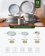 Famiware Star 12-Piece Stoneware Dinnerware Sets for 4, Reactive Glaze Plates and Bowls, Modern Rustic Dishes for Everyday & Formal Use, Chip/Scratch Resistant, Microwave/Dishwasher Safe, White & Blue