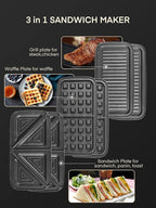 FOHERE Sandwich Maker 3 In 1 Waffle Maker With Removable Plates,1200W Grilled Cheese Maker, 5-gear Temperature Control, Non-stick Coating Easy to Clean, Indicator Lights, Silver/Black