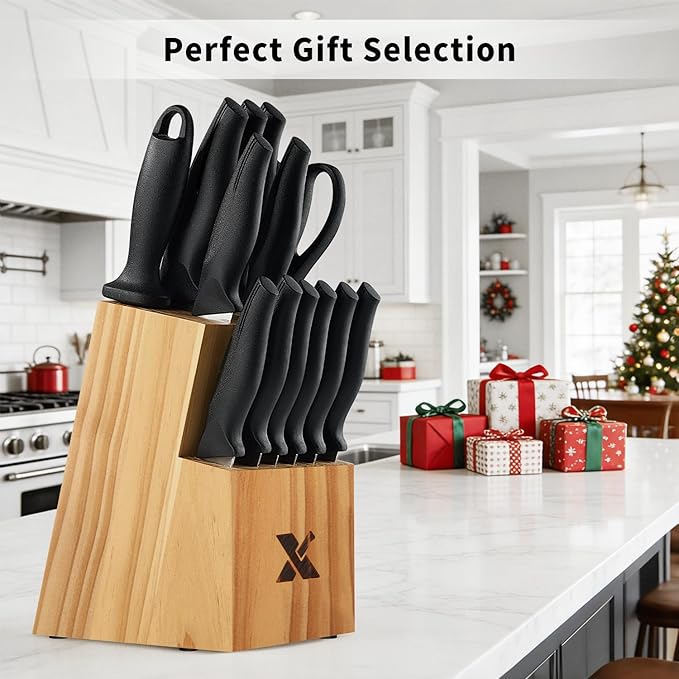 14 Pieces Kitchen Knife Set with Block, German Stainless Steel, BlackSilver