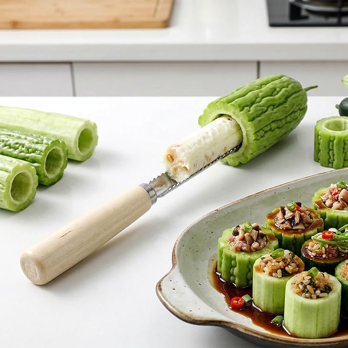 3 Pack Zucchini Vegetable Corer Tool 10" Stainless Steel Rust Resistant Fruit & Veggie Corers Stem Remover Kitchen Gadgets Coring Tool with Wood Handle for Apples, Eggplant, Hollow out for Stuffing