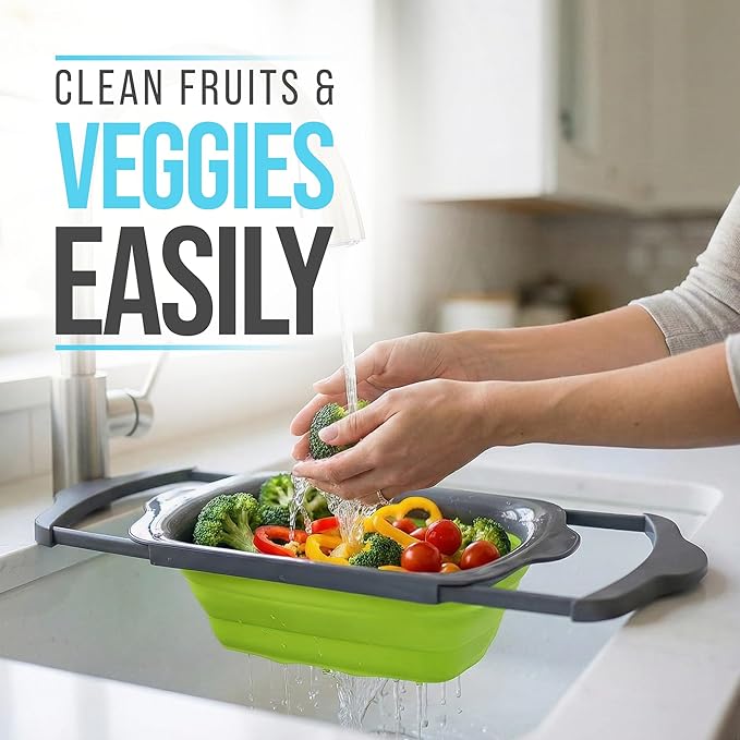 Comfify XL Large Kitchen Strainer - Collapsible Silicone Over-The-Sink Colander with Extendable Handles - Use with Pasta, Fruit, Berries & Veggie - 6 Quart - Green