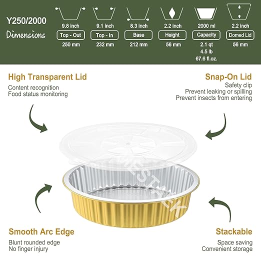 10" Aluminum Foil Pans with Lids (5 Pack), Heavy Duty Grease-Resistant Containers for Baking, Heating, Meal Prep & Food Storage, 2" Depth, 67oz