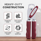 Zulay Kitchen Heavy Duty Stainless Steel Can Opener Manual with Bottle Opener - Rust Proof Manual Can Opener With Turn Knob & Comfy Soft Grip Handles - Deep Red