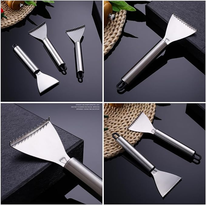 4 Pack Fish Scaler Scale Remover Stainless Steel Rake Teeth Scraping Tool Descaler Knives Scales Cleaning Descaling Scraper for Bream Salmon Fishes Seafood Market Kitchen
