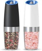 Gravity Electric Salt And Pepper Grinder Set, Automatic Salt And Pepper Grinder Set, Battery Powered (6 AAA Batteries Each), Adjustable Roughness, LED Light, 2 Pack, (Black+White)