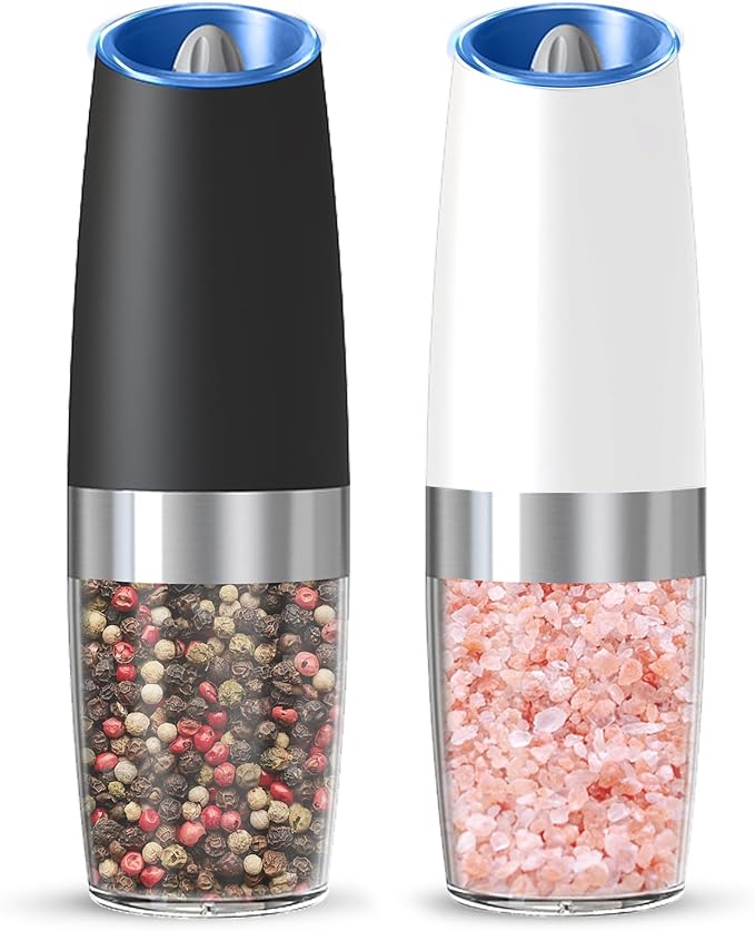 Gravity Electric Salt And Pepper Grinder Set, Automatic Salt And Pepper Grinder Set, Battery Powered (6 AAA Batteries Each), Adjustable Roughness, LED Light, 2 Pack, (Black+White)