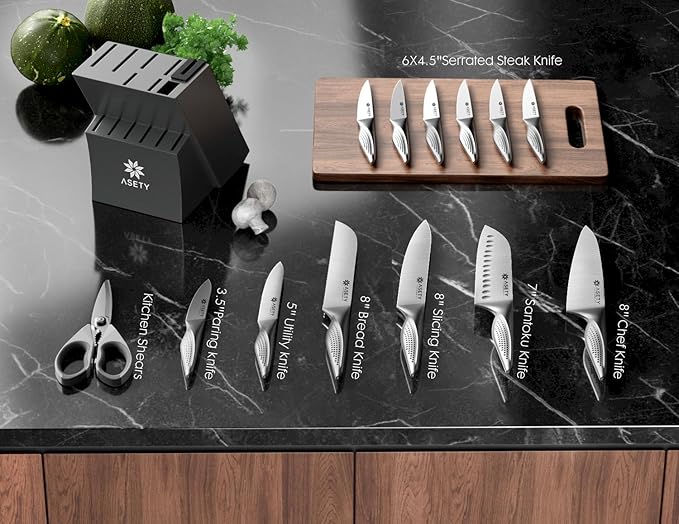 ASETY Knife Set - Ultra Sharp Knives Set for Kitchen with block, 15 PCS Stainless Steel Knife Set with Built-in Sharpener, Ergonomic Non-Slip Handle, Elegant Box for Men Women