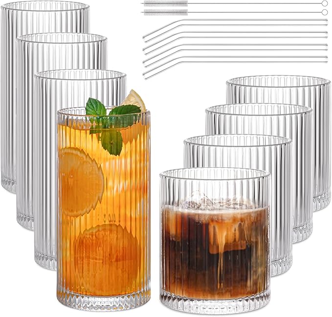 Set of 8 Vintage Ribbed Glassware,4 Highball Glasses 12 oz,4 Rocks Drinking Glasses 14 oz,Ribbed Cocktail Glass Cup,Drinking Glass Set,Used for Whiskey,Juice,Smoothies,Mixed Drinkware