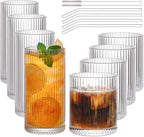 Set of 8 Vintage Ribbed Glassware,4 Highball Glasses 12 oz,4 Rocks Drinking Glasses 14 oz,Ribbed Cocktail Glass Cup,Drinking Glass Set,Used for Whiskey,Juice,Smoothies,Mixed Drinkware