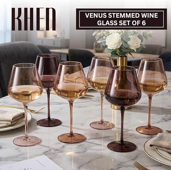 Venus Wine Glass Sets, 20oz Glasses Set of 6 Melanin Brown Colored for Her, Mom, Wife, Girlfriend, Mama, Special Celebrations Color Drinkware Unique Style Tall Stemmed Amber Colors Bronze Glassware