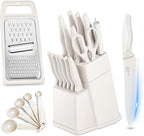 HaWare Knife Set, 21 Pieces Stainless Steel Kitchen Knife Block Set, White Chef Knife Sets with Measuring Spoon & Slicer for Home, 6 Steak Kinves, Sharp Blade & Light Weight Cutlery, Ergonomic Handle