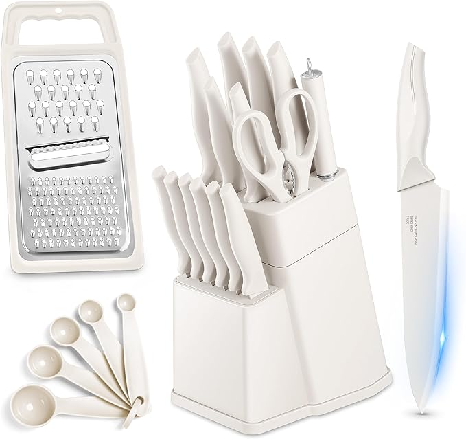 HaWare Knife Set, 21 Pieces Stainless Steel Kitchen Knife Block Set, White Chef Knife Sets with Measuring Spoon & Slicer for Home, 6 Steak Kinves, Sharp Blade & Light Weight Cutlery, Ergonomic Handle