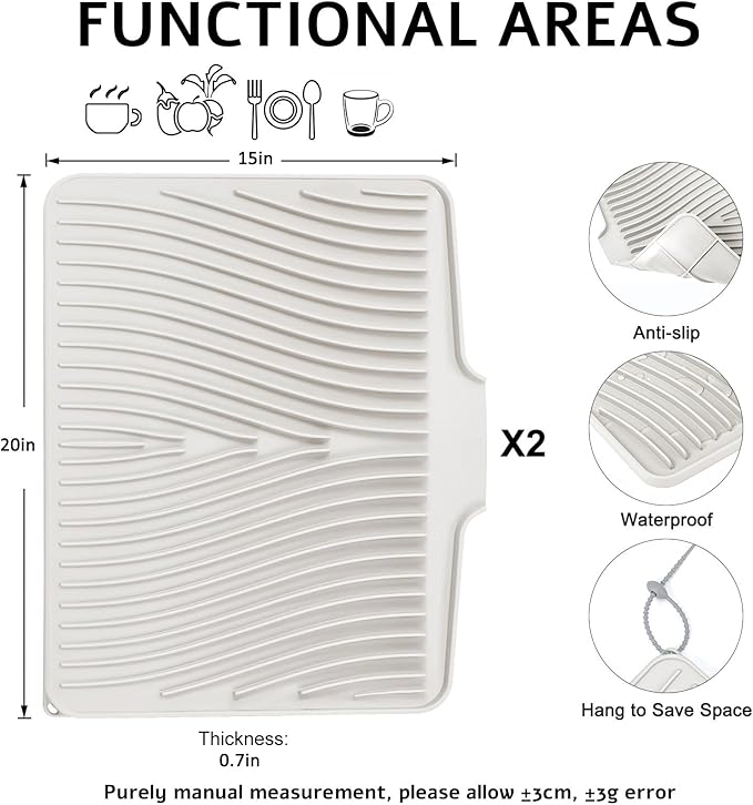 TIKNIK Silicone Dish Drying Mat, Stone Drying Mat for Kitchen Counter with Built-In Drain, Non-Slip Drain Pad with Built-in Drain, Heat Resistant Stone Drying Mat, Hangable, Cream-2pcs, 20" x 15"