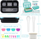 QQKO Bento Box for Kids Adults, School Toddler Lunch Box for Boys Girls, Lunch Box Containers with 4 Compartments, Sauce Container, Utensils, Food Picks and Muffin Cups for School, Black Blue