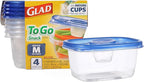 Glad GladWare To Go Snack Food Storage Containers with Lids, Medium Rectangle No BPA Plastic with Built-In Dressing Cup for Salads and Snacks, Microwave Dishwasher Safe, 24 Oz, 4 Count