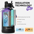 Swigina [2-IN-1 LID] 64 oz Insulated Water Bottle with Silicone Boot (48hrs Cold/24hrs Hot) - DIY Stickers, Leakproof, BPA Free, Half Gallon