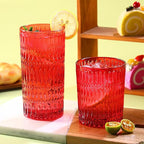 Loivttvv Glassware Drinking Glasses Set of 8, 14 oz Highball Glasses & 10 oz Ribbed Glass Cups, Vintage Glassware for Water, Juice, Cocktail (Christmas Red)