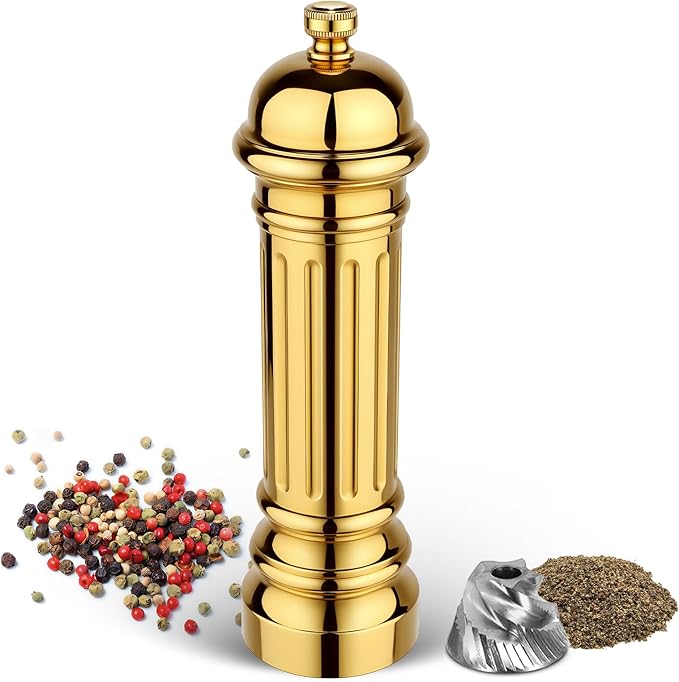 Metal Pepper Grinder with Stainless Steel Core, Heavy Duty High Output Pepper Mill with Adjustable Coarseness, All-Metal Construction, Refillable (Gold)