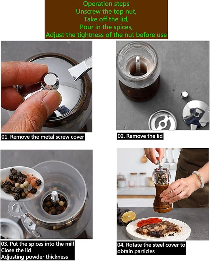 Salt and Pepper Grinder Set with Handle Crank Acrylic Manual Salt and Pepper Mills Black Pepper Spice Grinders Ceramic Core, Stainless Steel Handle, Adjustable Coarseness (Walnut 2pcs-5in)