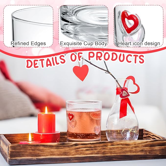 Skylety 2 Pcs Heart Icons Juice Glasses Love Drinking Cups 13.5 oz Old Fashioned Whiskey Cocktail Coffee Mugs for Mother's Day Party Gift Decor