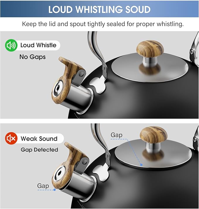 2.6 Quart Whistling Tea Kettle for Stovetop, Food Grade Stainless Steel with Cool Wood Pattern Handle, Induction Compatible, Black