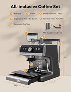 GarveeHome Espresso Machine With Grinder, 20 Bar Semi-Automatic Espresso Coffee Maker With Milk Frother Steamer Wand Cappuccino Latte Macchiato, 95 oz Water Tank, PID Temperature Control, Dark Gray