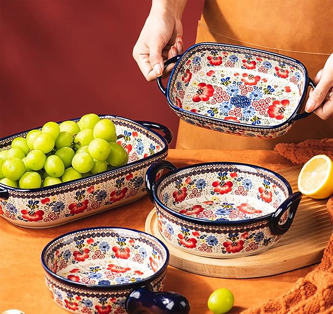 Vintage Flowers Style Ceramic Bakeware Casserole Dish Baking Pan Lasagna Pans Baking Dish with Handles for Oven/Cooking/Kitchen-1 PCS-Red Flowers-60 OZ