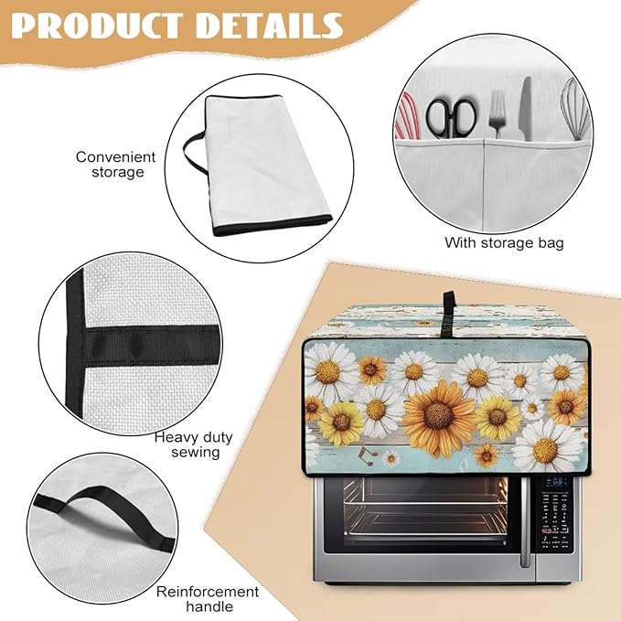 Wooden Board Daisy Print Toaster Oven Dust-proof Cover for Kitchen Small Appliance Fingerprint Protection Decorative Countertop Oven Protector (Small-14.5 * 18.46 * 9 inches)