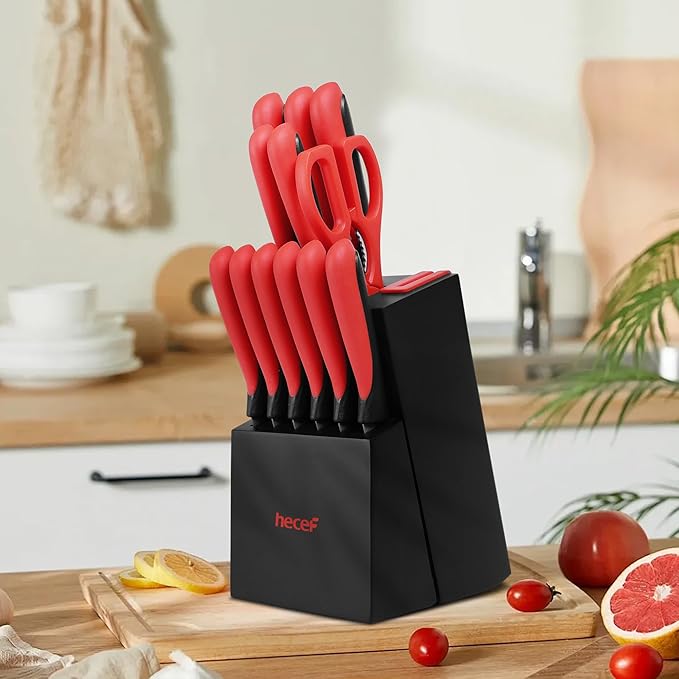 hecef 15 Pieces Kitchen Knife Set with Built-in Sharpening Wooden Block, Dishwasher Safe, High Carbon Stainless Steel Knife Block Set with Steak Knives, Kitchen Scissors (Red)