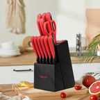 hecef 15 Pieces Kitchen Knife Set with Built-in Sharpening Wooden Block, Dishwasher Safe, High Carbon Stainless Steel Knife Block Set with Steak Knives, Kitchen Scissors (Red)