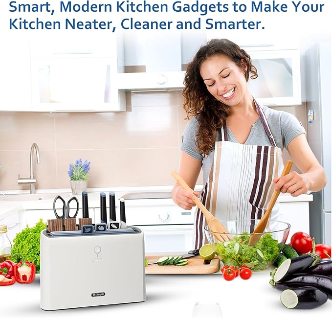 Smart Cutting Board and Knife Set,Self Cleaning Cutting Board and Knife Set with 4 Stainless Steel Knives,3 Color Coded Cutting Boards,10 Pairs of Chopsticks and 1 Pair of Scissors