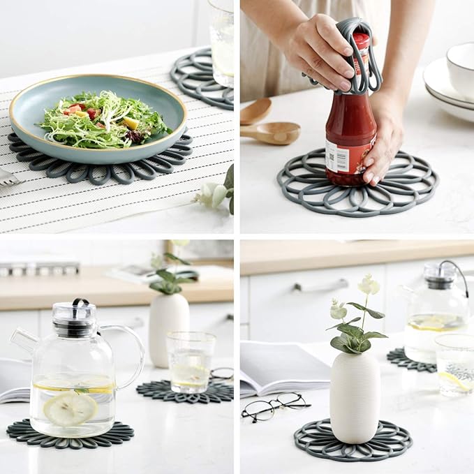 Set of 3 Silicone Trivet Mat - Hot Pot Holder Hot Pads for Table & Countertop - Trivet for Hot Dishes - Non-Slip & Heat Resistant Modern Kitchen Hot Pads for Pots & Pans,Merlot Red