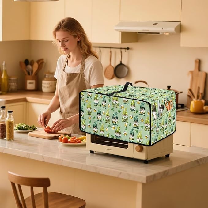 St. Patrick's Day Gnome Print Toaster Oven Cover, Clover Beer Pattern Anti Scratch Microwave Cover for Kitchen Countertop Appliance Dust Protector Decorative Oven Accessories, Green, S
