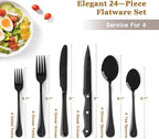 Astercook 24-Piece Black Silverware Set with Steak Knives Flatware Set for 4 Food-Grade Stainless Steel Cutlery Set Mirror Polished Utensils Set Include Spoons and Forks for Home Kitchen Restaurant