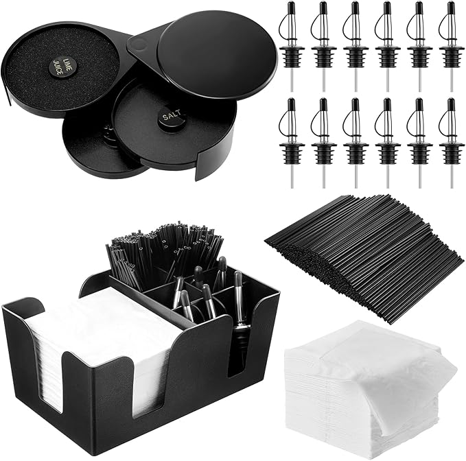 Mifoci 3 Tier Bar Glass Rimmer Bartender Tool with 12 Pcs Stainless Steel Classic Bottle Pourers, Bar Caddy with 6 Compartment, 1000 Pcs Coffee Cocktail Stirrers, 200 Napkins (Plastic)