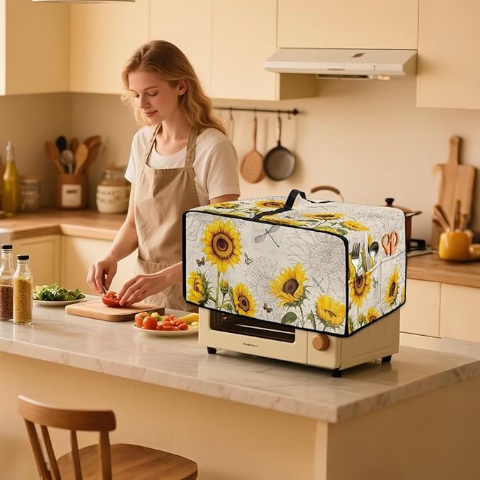 Sunflower Butterfly Dragonfly Print Toaster Oven Dust-proof Cover, Fingerprint Prevention & Greasy Protection Washable Universal Small Appliance Covers (Small-14.5 * 18.46 * 9 inches)