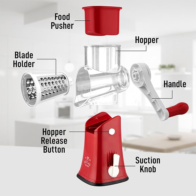 Zulay Kitchen Rotary Cheese Grater 5 Blade Cheese Shredder - Manual Hand Crank Cheese Grater With Reinforced Suction & 5 Interchangeable Drums - Easy to Use, Vegetable Chopper Round Mandoline Slicer