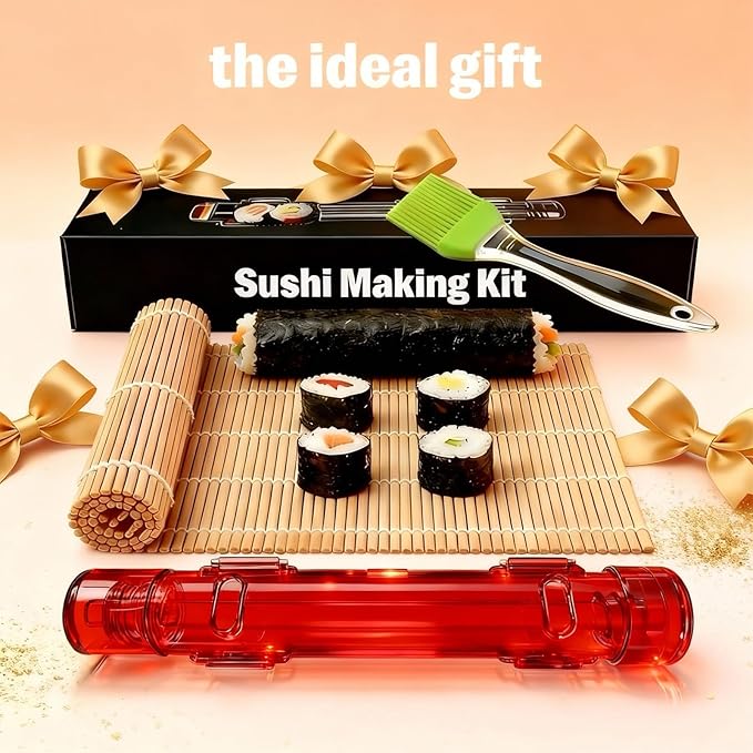 Sushi Making Kit – Clear Sushi Bazooka Roller & Bamboo Sushi Rolling Mat, Easy DIY Sushi Maker Tool Set for Beginners, Homemade Sushi Rolls for Kitchen & Party (Clear Red)